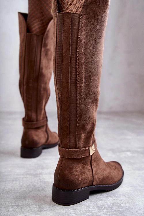 Zamszowe Damskie Kozaki Na Płaskim Obcasie Brązowe Henrike