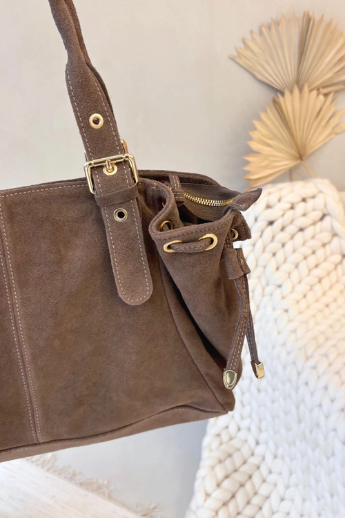 Skórzana Zamszowa Torebka Ciemnobeżowa Ovelia