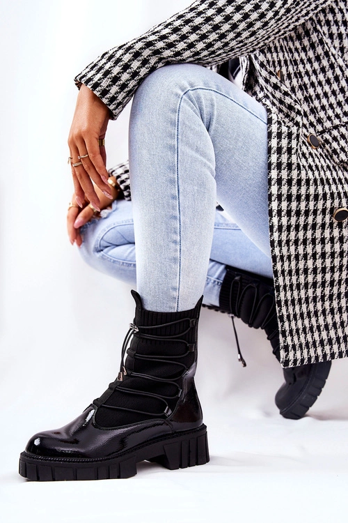 Lakierowane Botki Workery Ze Skarpetą Czarne Connor