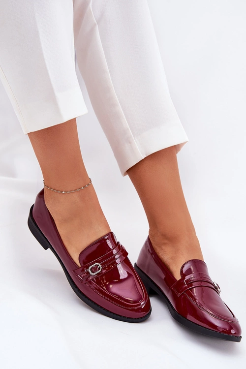 Lakierowane Mokasyny Damskie Z Ozdobną Sprzączką Bordowe Mollan