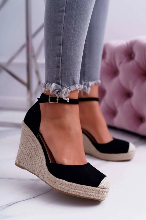 Sandały Damskie Na Koturnie Lniane Czarne Tammaris