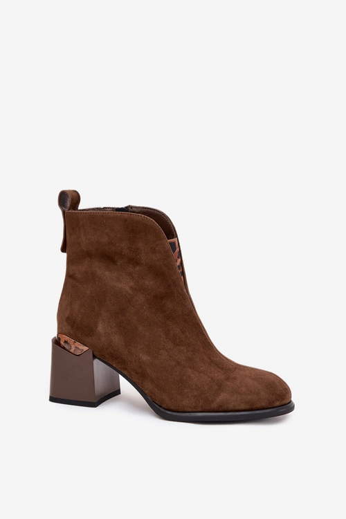 Skórzane Zamszowe Botki Damskie Na Słupku Vinceza 66811 Brązowe