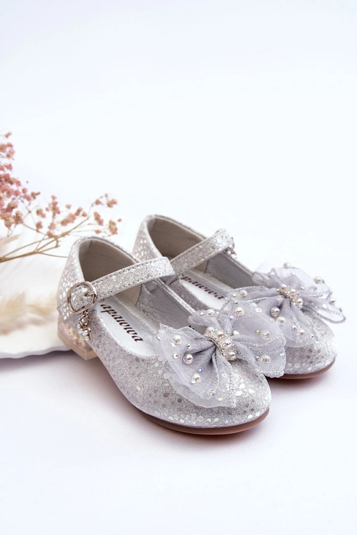 Dziecięce Balerinki Z Kokardą Na Rzep Srebrno-Szare Nicola