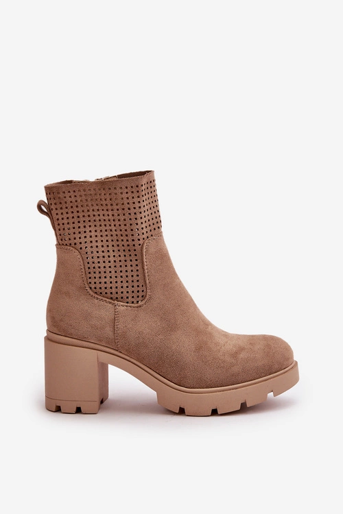 Botki Damskie Na Słupku Zapinane Na Zamek Eko Zamszowe Beżowe Rashmi