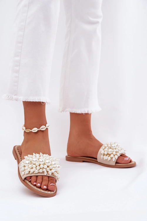 Klapki Damskie Płaskie Z Ozdobnymi Koralikami Beżowe Aricca