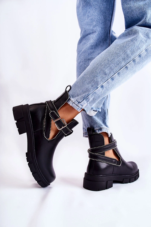 Damskie Skórzane Botki Z Ćwiekami Czarne Clares