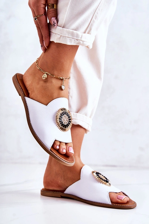 Skórzane Modne Klapki Lewski Shoes 3132/O Białe