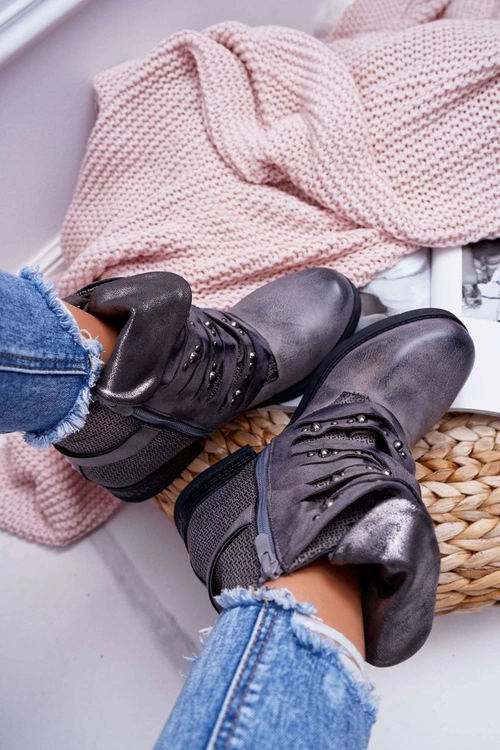 Damskie Botki Płaski Obcas Ciepłe Szare Debra