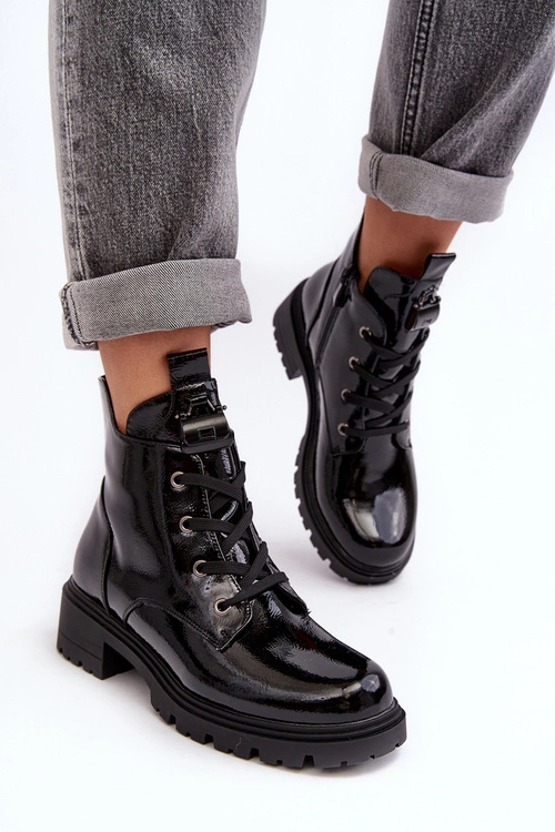 Lakierowane Botki Damskie Na Suwak S.Barski HY93-91 Czarne