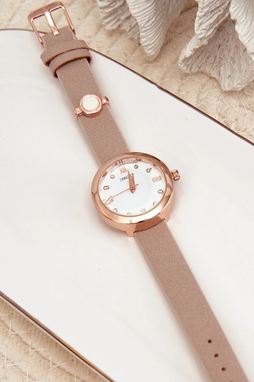 Zegarek Damski Na Cienkim Eko Skórzanym Pasku Beżowy Ernest E62146