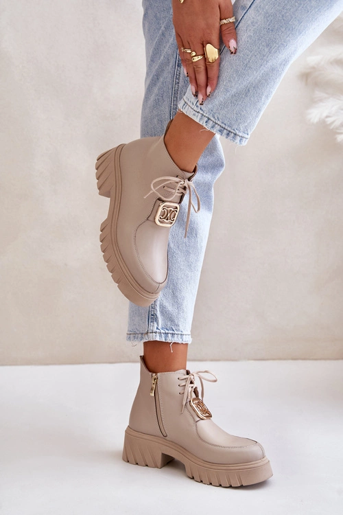 Zazoo 2952 Skórzane Botki Ze Złotą Ozdobą Beżowe