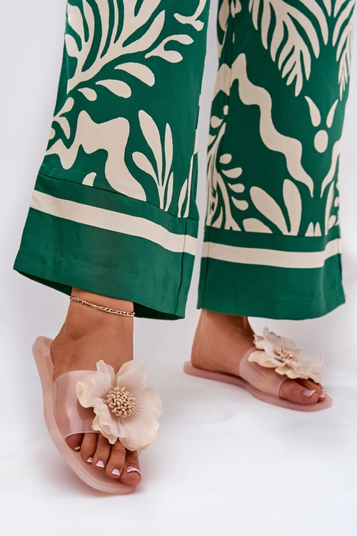 Transparentne Płaskie Klapki Damskie Ze Sztucznym Kwiatem Nude Vobetta