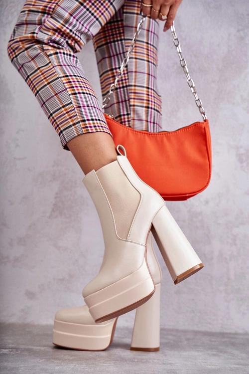 Damskie Skórzane Botki Na Masywnym Obcasie Beżowe Jones