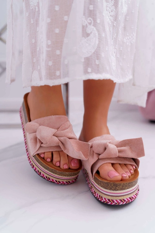 Klapki Damskie Na Platformie Z Kokardą Różowe Chantal