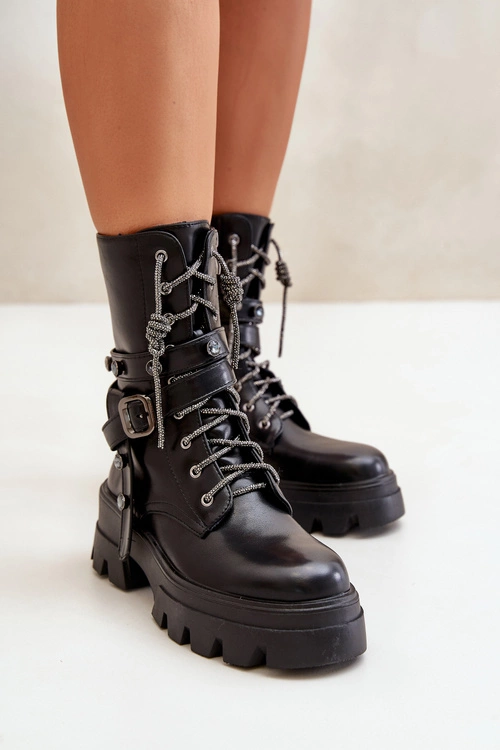 Ocieplane Botki Workery Damskie Z Paskami Czarne Berivana