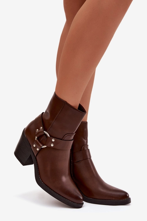 Ocieplane Botki Damskie Na Słupku Z Ozdobnym Elementem Brązowe Jurelle