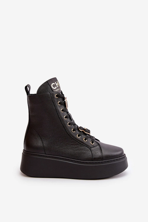 Damskie Skórzane Botki Workery Z Przypinkami Czarne CheBello 4294