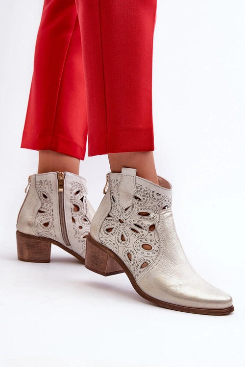 Ażurowe Botki Skórzane Lewski Shoes 3170/2 Złoty Przecierany