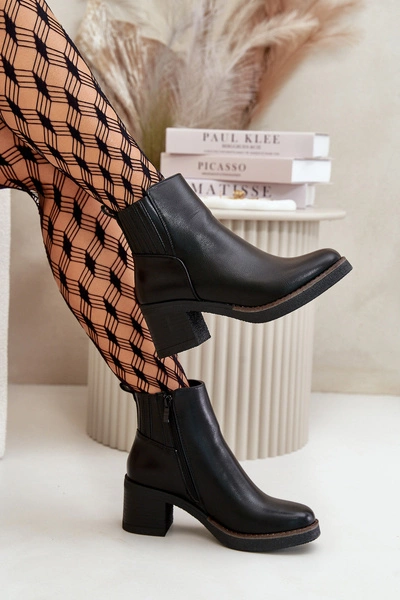 Ocieplane Botki Damskie Na Słupku Eko Skórzane Czarne Irittes