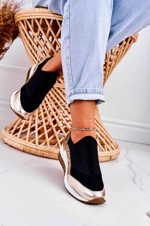 Damskie Skórzane Sneakersy Na Koturnie Czarne Złote Frances