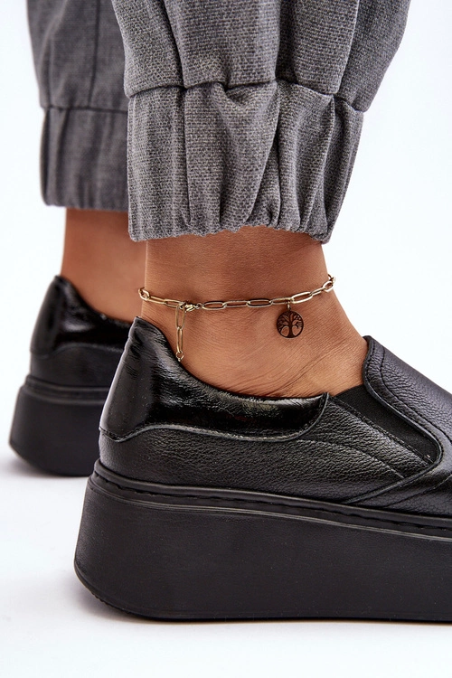 Skórzane Buty Sportowe Damskie na Platformie Czarne Lemar Manish