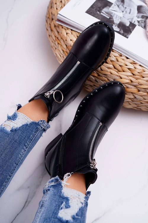 Botki Damskie Płaskie Ozdobny Suwak Czarne Vermina