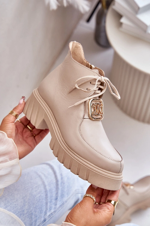 Zazoo 2952 Skórzane Botki Ze Złotą Ozdobą Beżowe