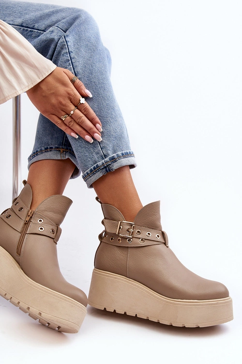 Skórzane Botki Damskie Na Koturnie Platformie Z Paskami Zazoo 1752 Beżowe