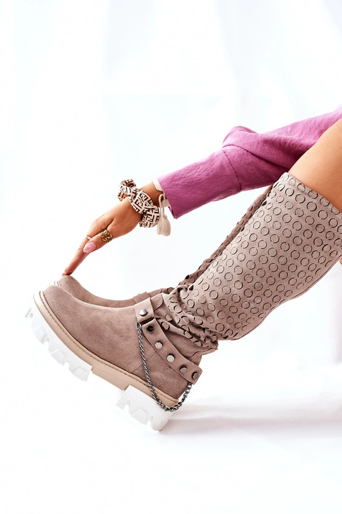 Damskie Skórzane Kozaki Lewski Cappuccino Zamszowe 2866