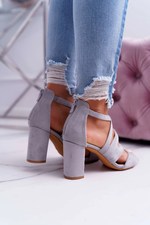 Damskie Sandały Na Słupku Zamszowe Szare Lemilia