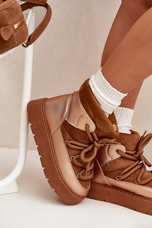 Niskie Śniegowce Damskie Ocieplane Futerkiem Z Grubym Wiązaniem Camel Xarina