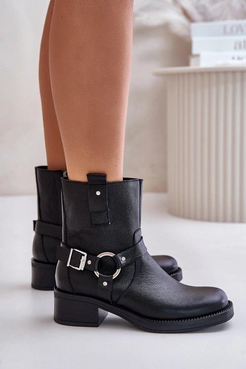 Zazoo 60480 Skórzane Botki Na Niskim Obcasie Ocieplane Czarne