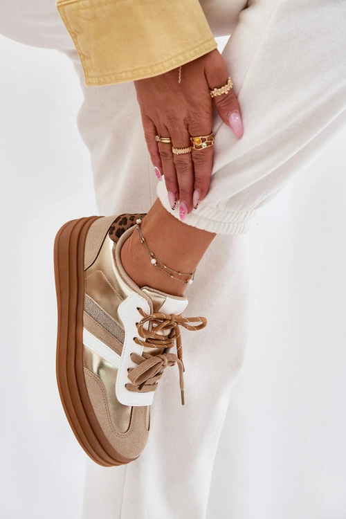 Sneakersy Damskie Na Platformie Z Podwójnym Sznurowaniem Panterka Złote Niteria