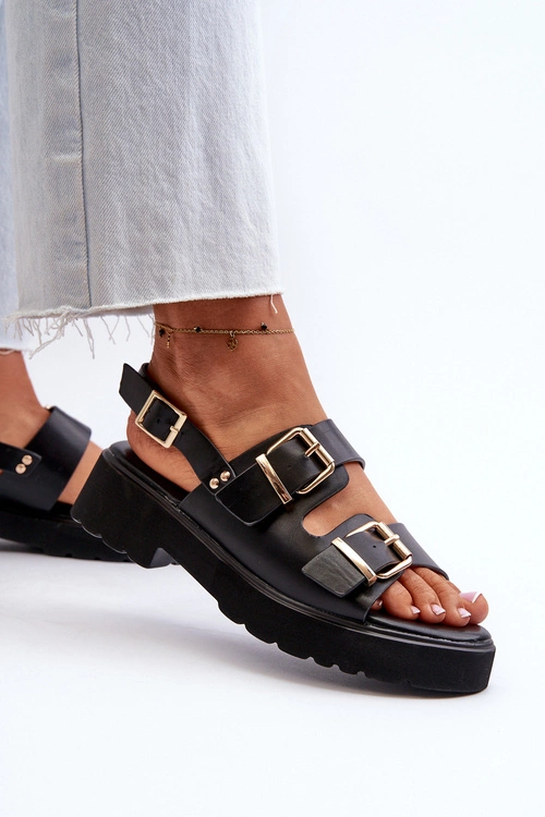 Sandały Damskie Z Klamrami Eko Skórzane Czarne Konanttia