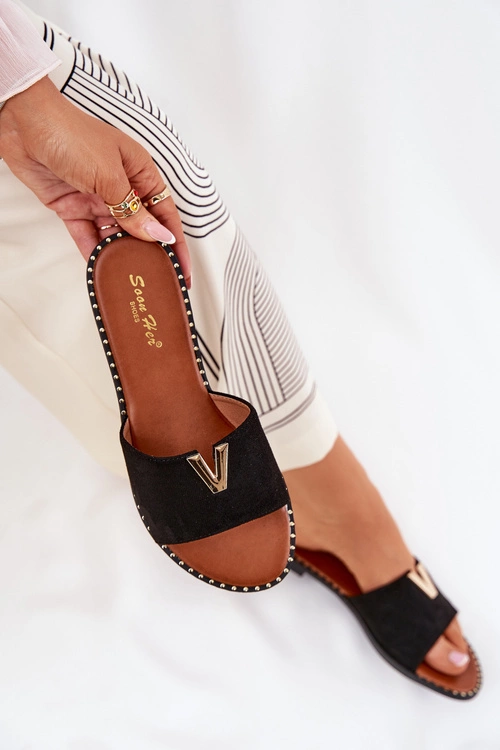 Klapki Damskie Na Płaskim Obcasie Z Ozdobnymi Detalami Czarne Saliena