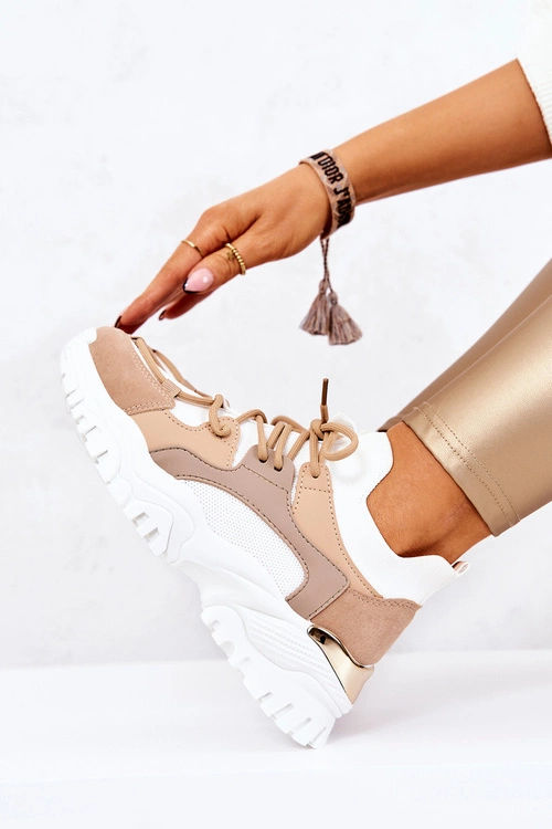Sportowe Buty Sneakersy Skarpetkowe Beżowo-Białe Colleen