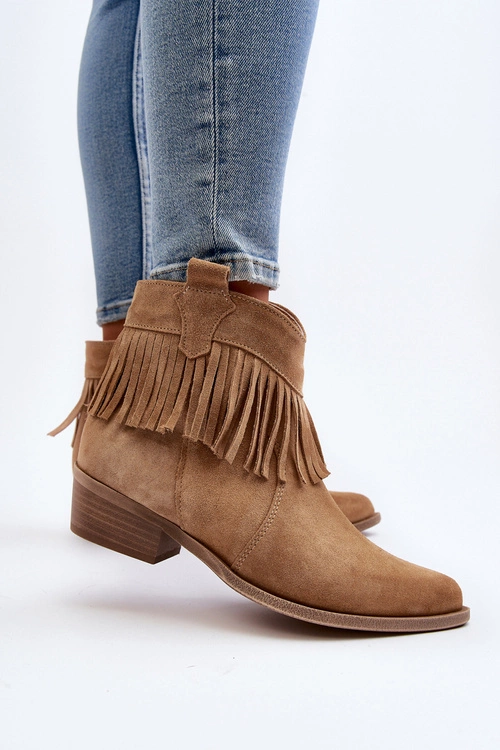 Zazoo 3430 Zamszowe Botki Damskie Z Frędzlami Beżowe