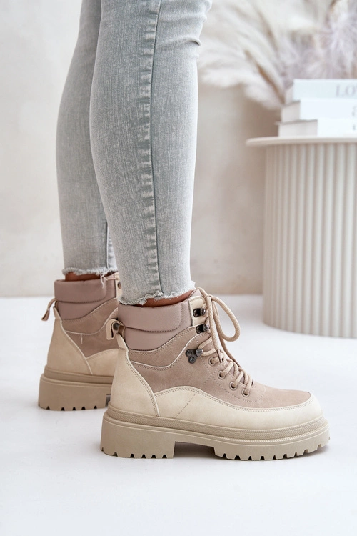 Botki Trapery Damskie Sznurowane Beżowe Rabaria