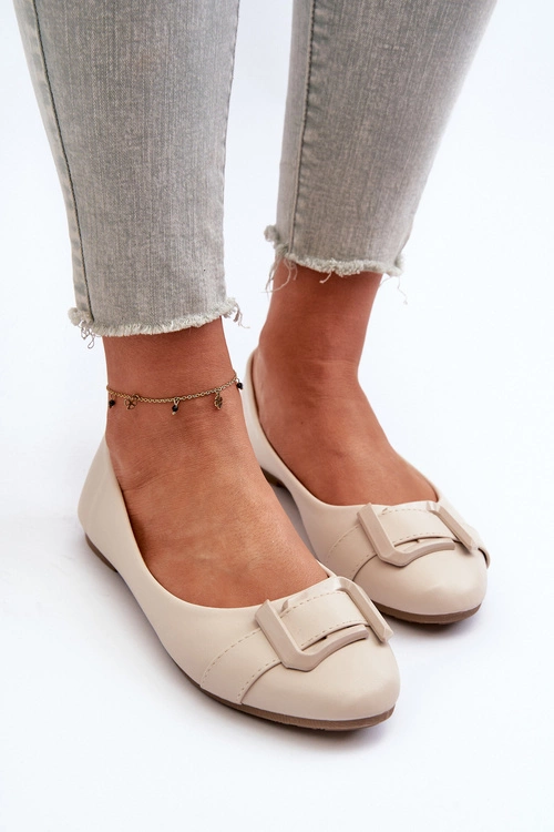 Baleriny Z Paskiem I Ozdobą Eko Skórzane Jasnobeżowe Cadwenla