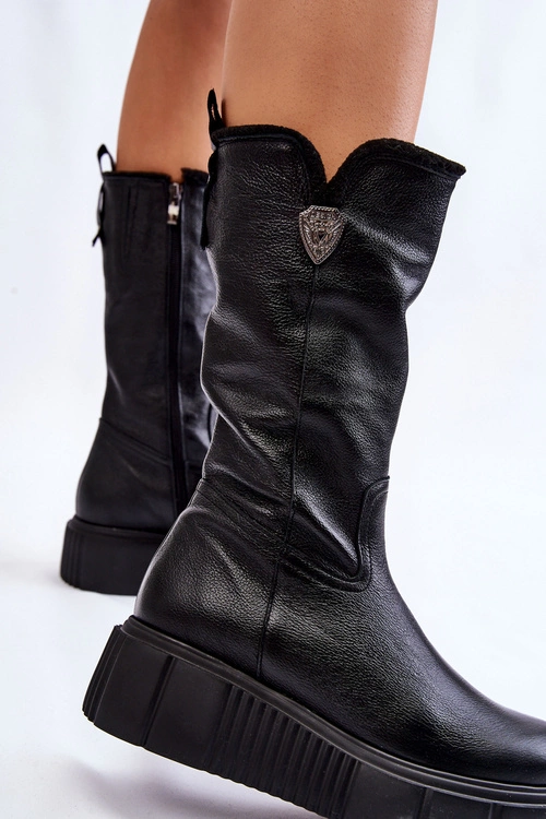 Skórzane Damskie Kozaki Z Wełną Zazoo 70121 Czarne