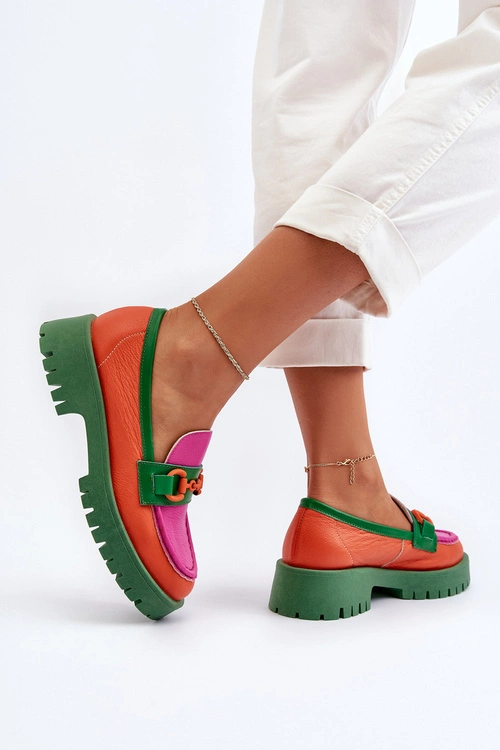 Mokasyny Skórzane Damskie Z Ozdobą CheBello 4444 Pomarańczowe