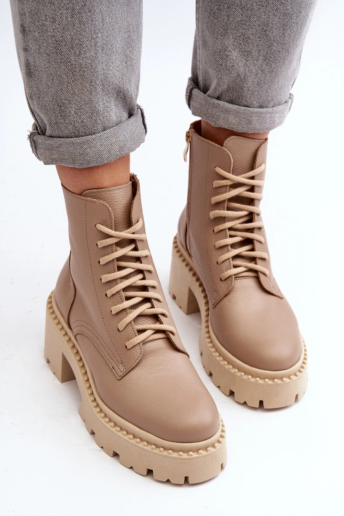 Zazoo 3413 Damskie Skórzane Botki Workery Na Masywnym Obcasie Beżowe