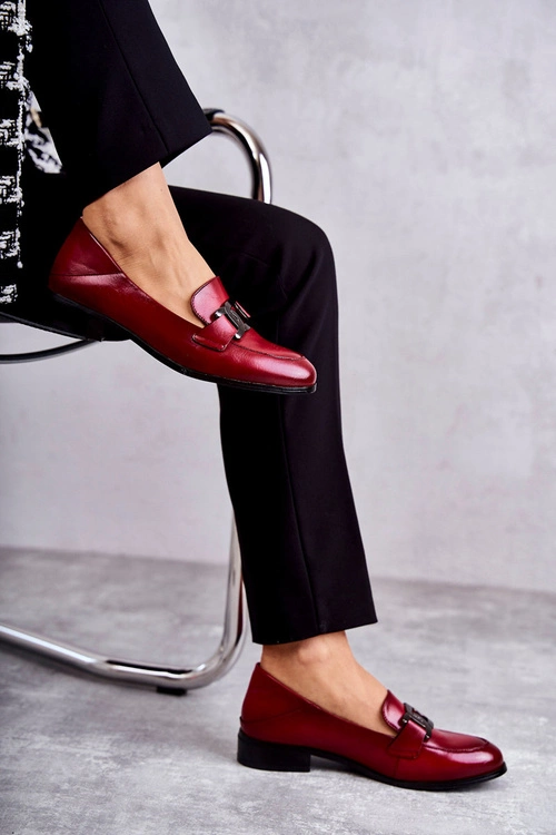 Modne Skórzane Półbuty Loafery Bordowe Trine
