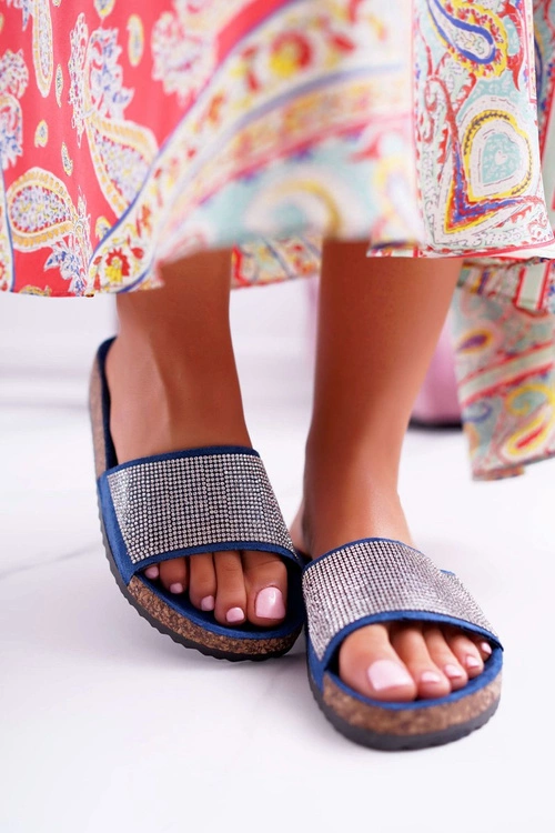 Damskie Klapki Na Korku Z Kryształkami Granatowe Do It!