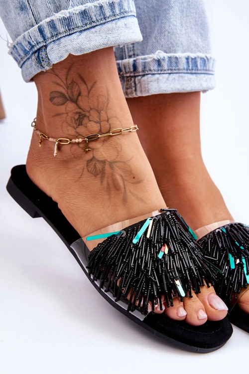 Damskie Klapki Z Modnymi Ozdobami S.Barski KV-576-4 Czarne