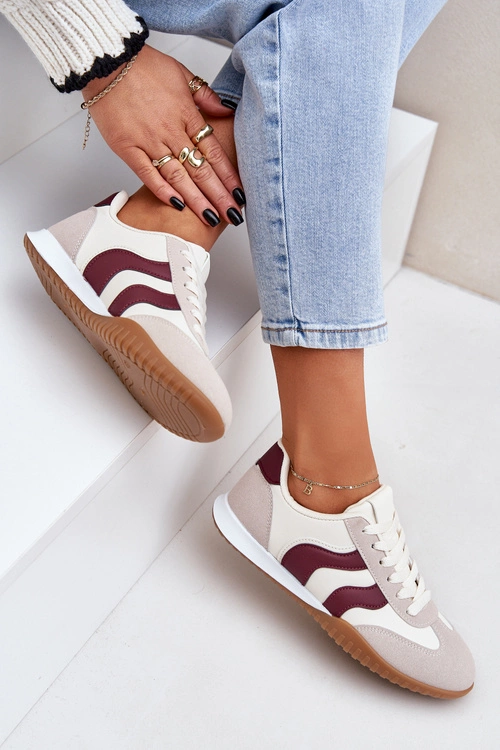 Klasyczne Sneakersy Damskie Z Eko Skóry Beżowo-Bordowe Maretina