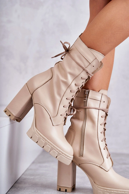 Damskie Skórzane Botki Na Platformie Beżowe Edna
