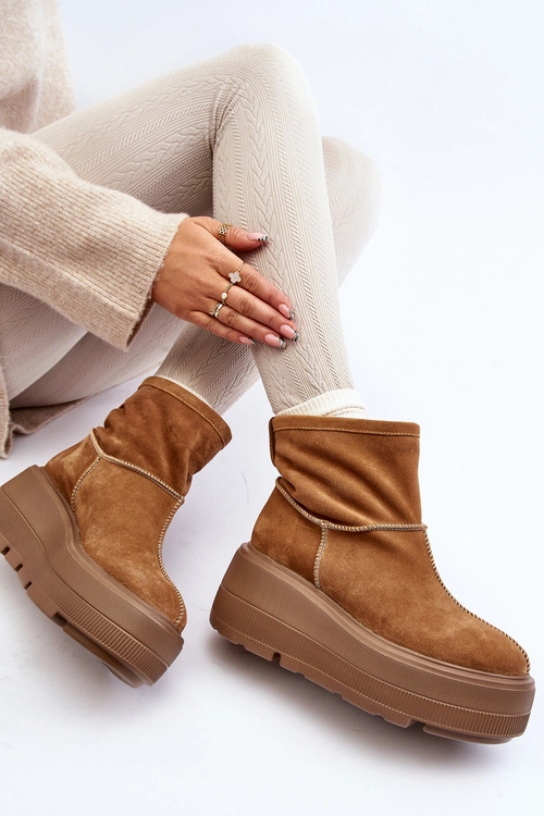 Skórzane Damskie Botki Na Masywnej Podeszwie Camel Zazoo 3424