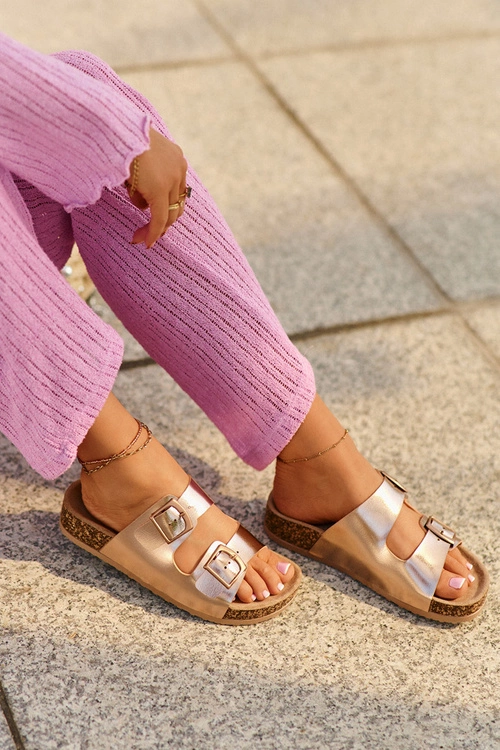 Damskie Klapki Na Korkowej Platformie Z Klamrami Różowe Złoto Klinesta