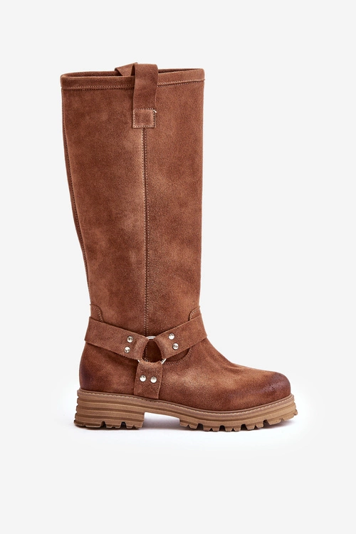 Zamszowe Kozaki Damskie Przed Kolano Lewski 3615 Brązowe